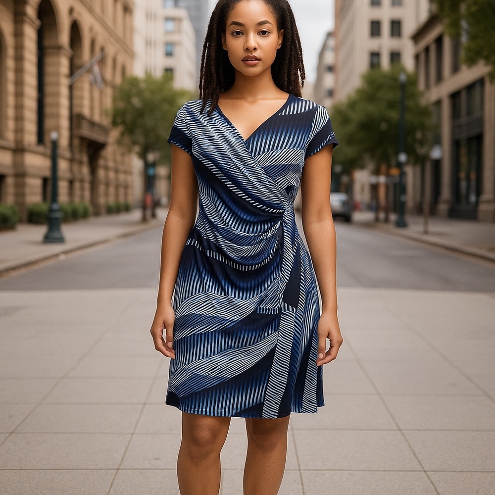 New York & Company Blue Sheath Dress V-Neck Short Sleeve